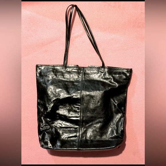 ANTHROPOLOGIE LATIGO LEATHER 🖤NORA BAG BLACK SCALLOPED LARGE TOTE NEW🎁 - Picture 4 of 8